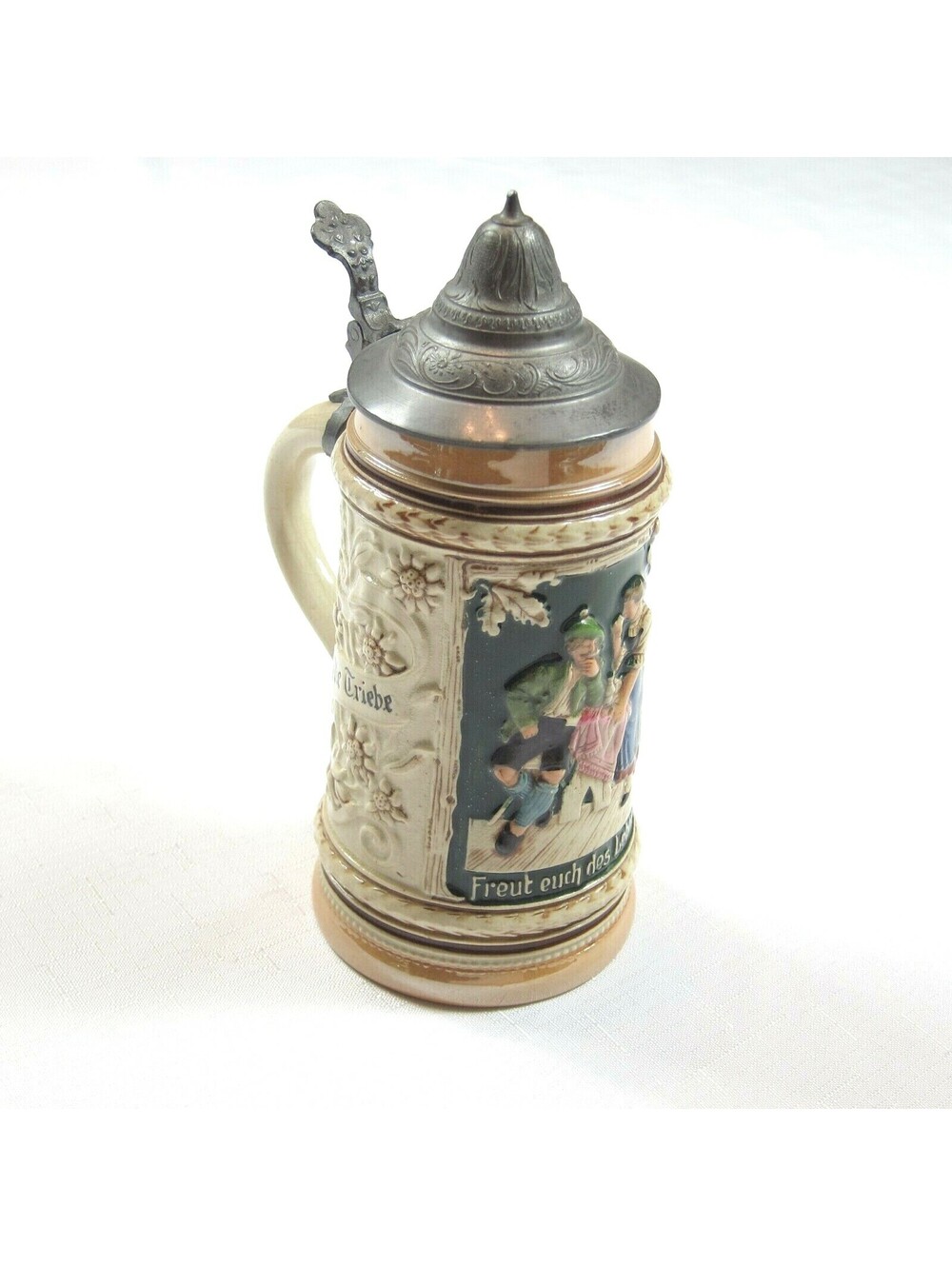 Antique Early 1900s Matthias Girmscheid Beer Stein Pewter Lid Enjoy Life Germany